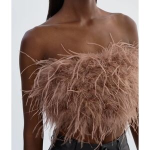 Lamarque Feathered Strapless Crop Top in Mauve-Pink